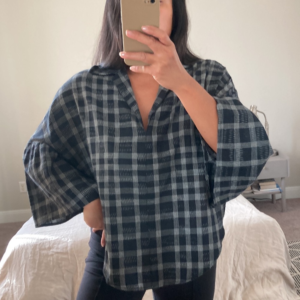 TOME New York check flutter sleeve henley blouse